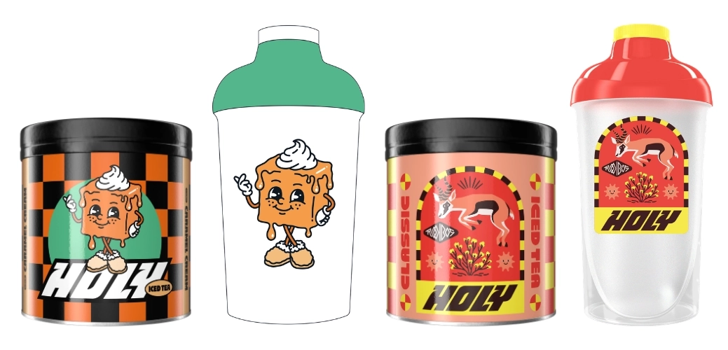 Gamme Holy Iced Tea Automne avec les pots et shakers Rooibos et Caramel Cream. Nouveaux shakers Holy Iced Tea assortis aux parfums Caramel et Rooibos.